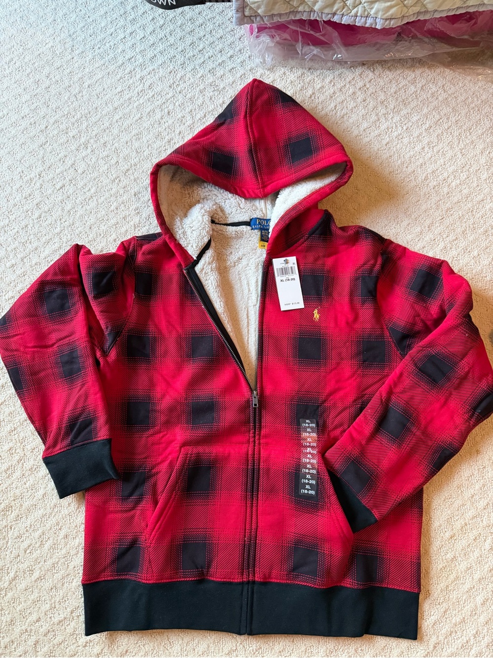 Polo by Ralph Lauren Red & Black Plaid Sherpa-Lined Zip Hoodie- Boys Youth 18/20
